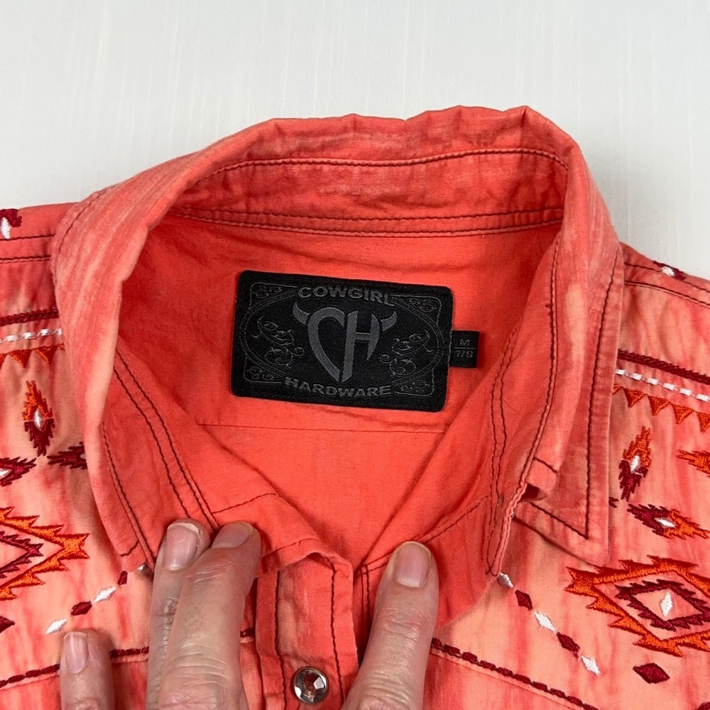 Cowgirl Hardware Women Orange Acid Wash Embroidered Western Snap Shirt Medium - Picture 3 of 10